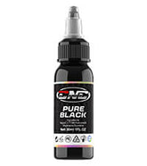 Close-up of a 30ml bottle of CNC "Pure Black" tattoo ink, with a white label and detailed information, suitable for professional tattoo artists.