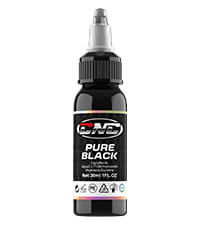 Close-up of a 30ml bottle of CNC "Pure Black" tattoo ink, with a white label and detailed information, suitable for professional tattoo artists.