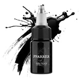 PFARRER Pure Black Tattoo Ink, 15ml bottle. Features praying hands logo, against a dynamic black ink splash background
