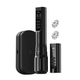 A CNC X WE PLUS Professional Wireless Tattoo Machine with a digital screen, showing the tattoo machine, foot pedal, and additional accessories.