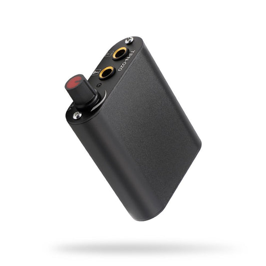 Solong P162 Mini Tattoo Power Supply. Black rectangular unit with a red rotary knob and two gold input ports on top.