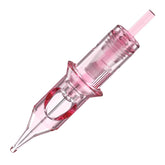 Close-up of a transparent pink Quelle PMU tattoo cartridge, showing its internal structure and needle tip for permanent makeup.