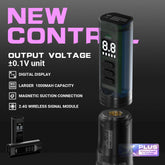 CNC WE Plus\Pro battery for tattoo machines with a digital display, magnetic connection, and 2.4G wireless module.