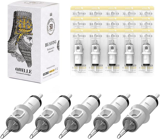 Quelle Tattoo Needle Cartridges Mixed 50PCS. White box with crowned design, contains 50 sterile, transparent cartridges.