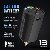 STIGMA wireless tattoo battery: 1400mAh capacity, 3-5 hours work, 2 hours Type-C charging, 13 adjustable gears.