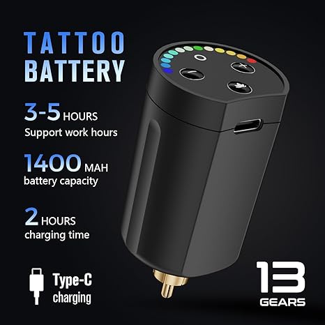 STIGMA wireless tattoo battery: 1400mAh capacity, 3-5 hours work, 2 hours Type-C charging, 13 adjustable gears.