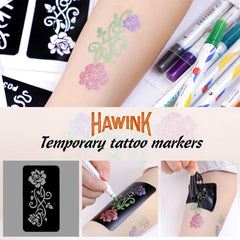 Marqueurs de tatouage temporaires HAWINK pour la peau 10 marqueurs corporels et 56 grands pochoirs de tatouage