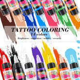 Stigma tattoo ink 14-color 15ml bottle set, showcasing vibrant colors with brightness, saturation, solidity, and security.
