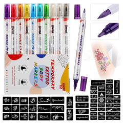 HAWINK Temporary Tattoo Markers for Skin 10 Body Markers & 56 Large Tattoo Stencils