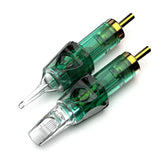 A pair of tattoo needle cartridges with green body and gold plating, compatible with CNC Police machines.