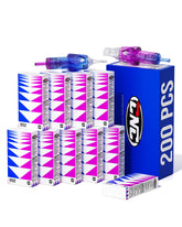Box of 200 CNC Dimension tattoo needle cartridges with transparent tips and multicolored geometric patterns on the packaging.