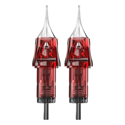 CNC SMP Tattoo Cartridges Needles. Close-up of two red-tinted transparent 3RL Round Liner needle cartridges.