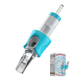 A tattoo needle cartridge with a transparent tip and a blue handle, alongside its packaging box.