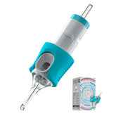A tattoo needle cartridge with a transparent tip, medical-grade plastic tips, and a blue and white color scheme, alongside its packaging box.