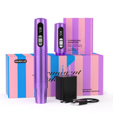 Quelle Wireless Permanent Makeup Tattoo Pen Machine LED Screen. Purple pen machine with illuminated LED screen, charger, and striped pink/purple box.
