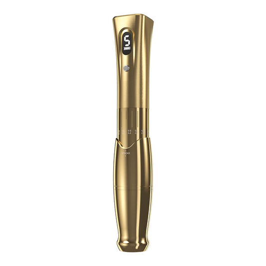 QUELLE E34 Permanent Makeup Machine. Gold microblading pen with a digital display showing battery level and adjustable stroke.