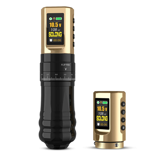 SOLONG Tattoo Machine E96 with digital display and 7 adjustable stroke settings for versatile tattooing.