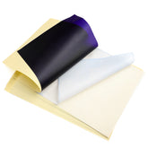Solong Tattoo Transfer Paper. Close-up shows its 4 layers: white top, dark ink, and yellow protection sheet for stencils