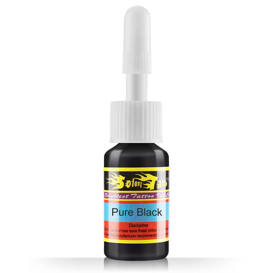 Solong tattoo ink 5ml Pure Black bottle with white dropper cap, labeled 'Brightest Tattoo Ink Color'