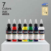 Solong tattoo ink 7-color set, 1oz (30ml) bottles, including Pure Black, Bright Red, Dark Purple, Lemon Yellow, Light Green, Gem Blue, Bright White, with FDA patent.