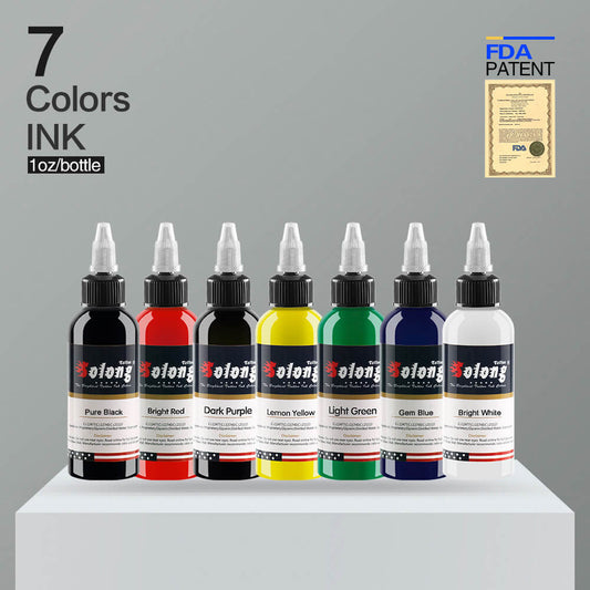 Solong tattoo ink 7-color set, 1oz (30ml) bottles, including Pure Black, Bright Red, Dark Purple, Lemon Yellow, Light Green, Gem Blue, Bright White, with FDA patent.
