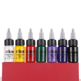 Stigma tattoo ink set, 7pcs 15ml bottles in colors: Bright White, Lemon Yellow, Bright Red, Dragon Green, Light Purple, Bright Blue, Lining Black.