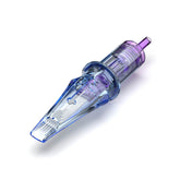 A tattoo needle cartridge with a clear, purple, and blue plastic casing, designed for compatibility with most brand machines.