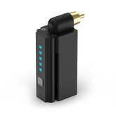 P199 wireless tattoo machine power supply, black compact design, with blue battery indicator lights and gold RCA connector
