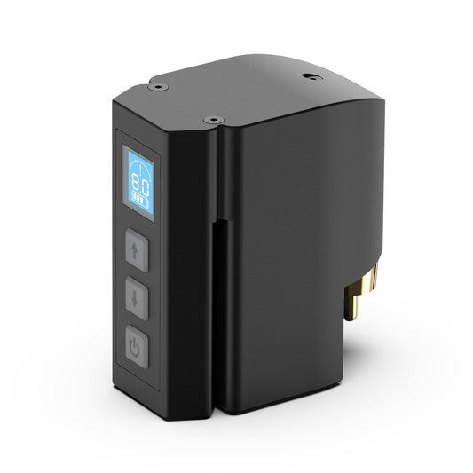 P198 wireless tattoo power supply, black hexagonal design, with blue digital display, voltage adjustment buttons, and RCA/DC connector.
