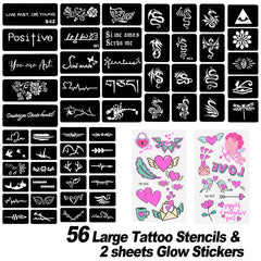 PFARRER marqueurs de tatouage temporaire 15 marqueurs de corps et 56 grands pochoirs de tatouage et 2 feuilles autocollants lumineux
