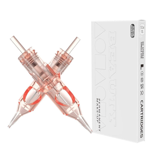 Quelle SMP tattoo round liner cartridges, two clear pink cartridges crossed, with EO sterile single-use box
