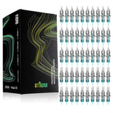 Stigma Aquamarine Knight Bugpin Mixed Cartridges 50PCS. A box and 50 individual aquamarine-tipped needle cartridges, neatly arranged
