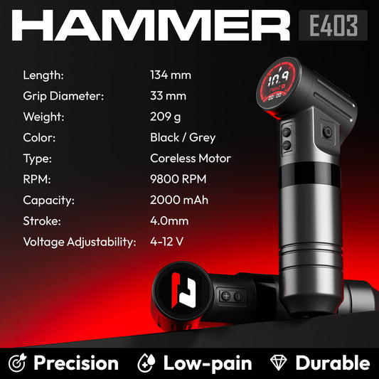 CNC Hammer wireless tattoo machine with specifications on a black and red background.