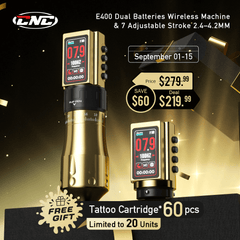 CNC E400 Wireless Tattoo Pen Machine, 3600mAh Dual Battery, Adjustable 7 Strokes (2.4–4.2mm), LED Display, Brushless Motor
