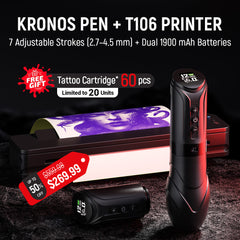 CNC Tattoo Pro Bundle with KRONOS Adjustable Stroke Machine and T106 Ultra-HD Bluetooth Printer.