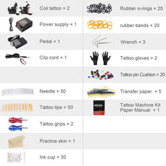 Solong Tattoo Komplettes Tattoo-Set 2 Pro-Maschine, Netzteil, Fußpedal, Nadeln, Griffe, Tipps, TK267