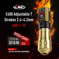 CNC E400 Wireless Tattoo Pen Machine, 3600mAh Dual Battery, Adjustable 7 Strokes (2.4–4.2mm), LED Display, Brushless Motor