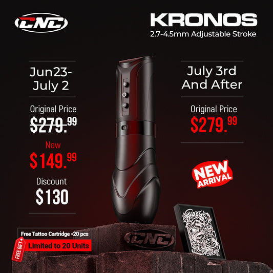 CNC KRONOS Wireless Tattoo Machine– 1900 mAh Battery, USB-C Rapid Charge, 4–12 V Adjustable & 7 Stroke