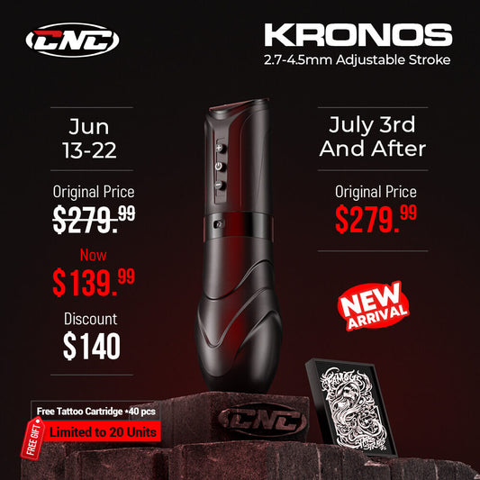 CNC KRONOS Wireless Tattoo Machine– 1900 mAh Battery, USB-C Rapid Charge, 4–12 V Adjustable & 7 Stroke