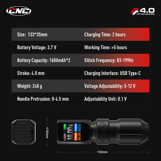 Technical specifications of CNC E77 PRO Wireless Tattoo Pen Machine.