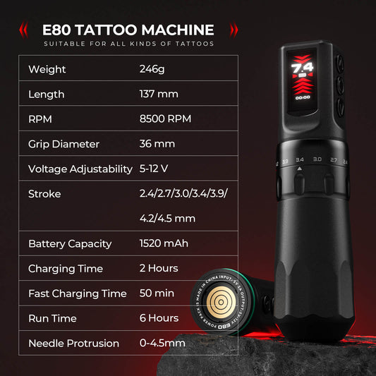 CNC E80 Premium Wireless Tattoo Pen – Coreless Motor, Adjustable Stroke, 6H Runtime