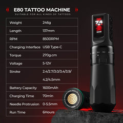 CNC E80 Premium Wireless Tattoo Pen – Coreless Motor, Adjustable Stroke, 6H Runtime