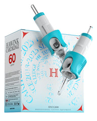 HAWINK tattoo needles cartridge with round shader/RS needles, transparent tip, displayed alongside its packaging which has text and branding.