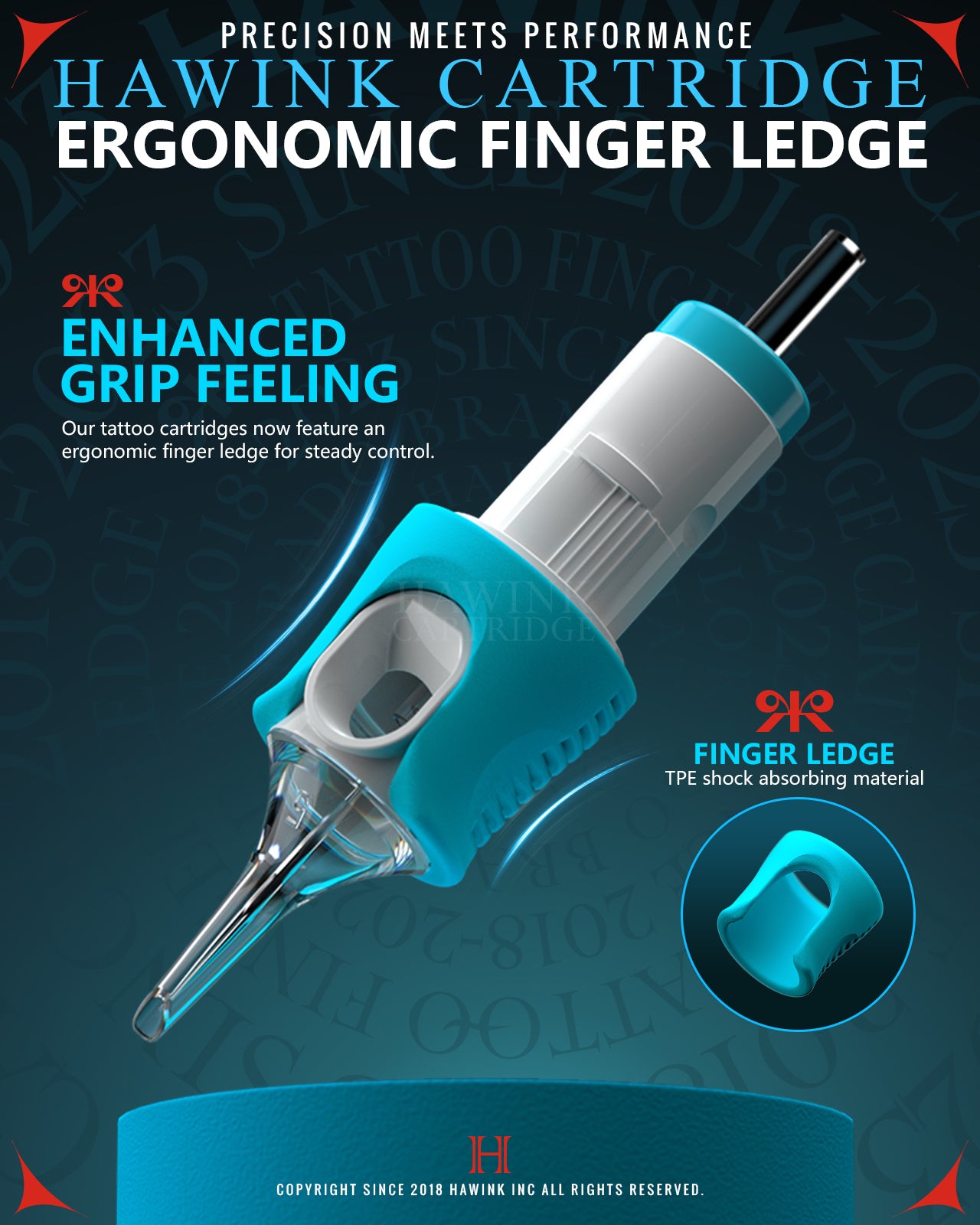 HAWINK Tattoo Needle Cartridges with TPE shock-absorbing ergonomic finger ledge for improved control and comfort during tattooing.