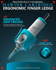HAWINK Tattoo Needle Cartridges with TPE shock-absorbing ergonomic finger ledge for improved control and comfort during tattooing.