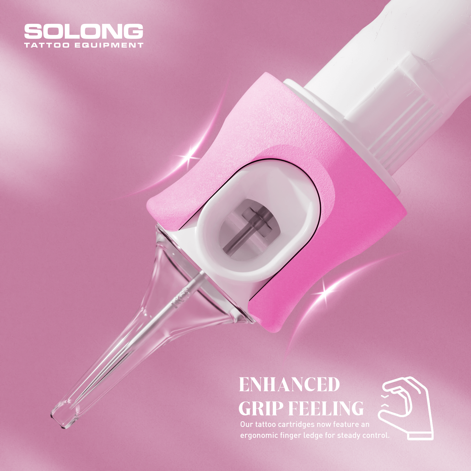 SOLONG tattoo needle cartridges with ergonomic finger ledge for enhanced grip and steady control.