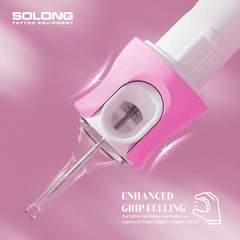 SOLONG tattoo needle cartridges with ergonomic finger ledge for enhanced grip and steady control.