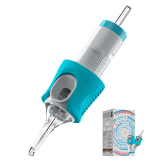 A tattoo needle cartridge with a transparent tip, medical-grade plastic tips, and a blue and white color scheme, alongside its packaging box.