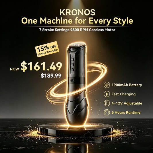 CNC KRONOS Wireless Tattoo Machine– 1900 mAh Battery, USB-C Rapid Charge, 4–12 V Adjustable & 7 Stroke