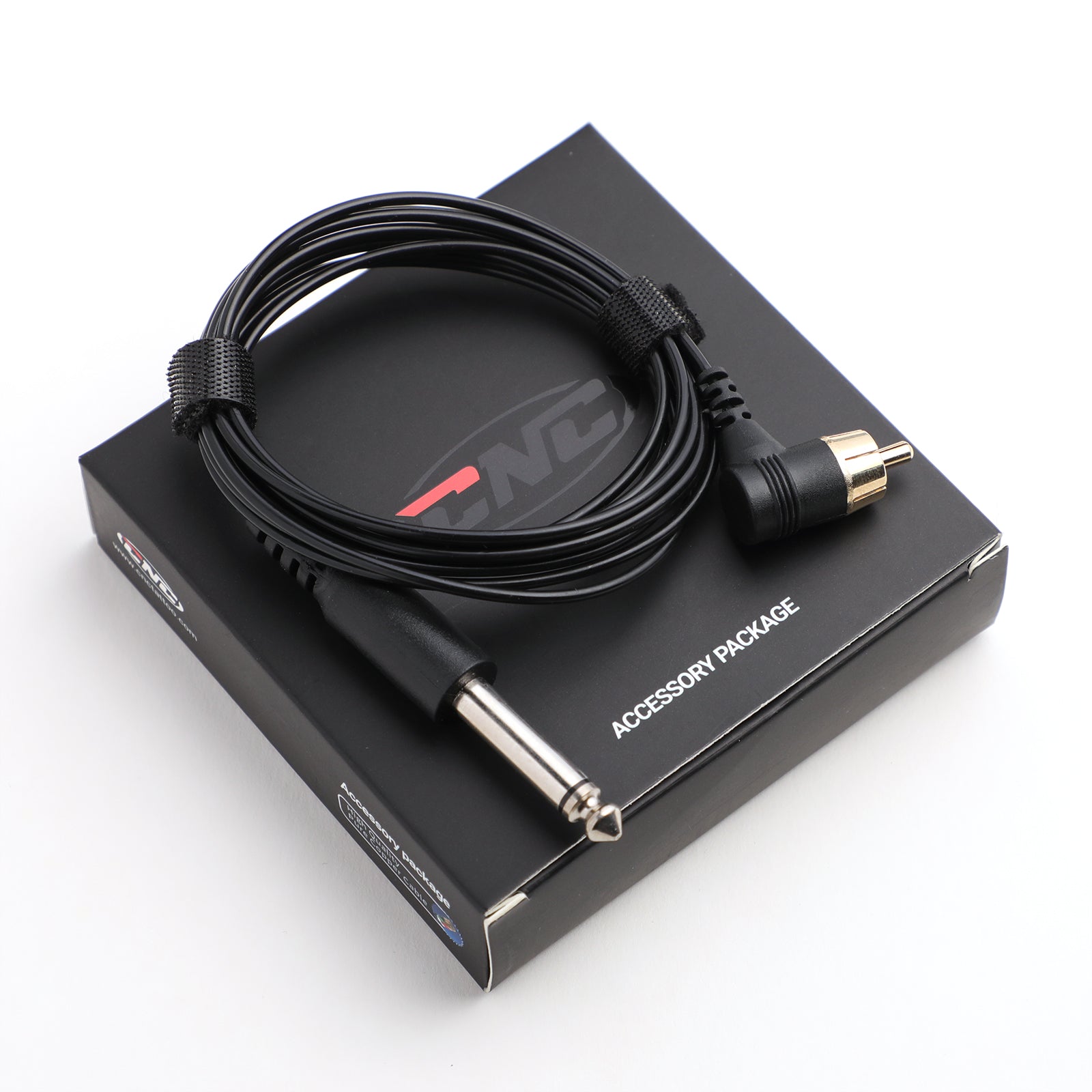 CNC P333 High Quality RCA Cord, black cable coiled and placed on a black box with CNC logo and "ACCESSORY PACKAGE" text.